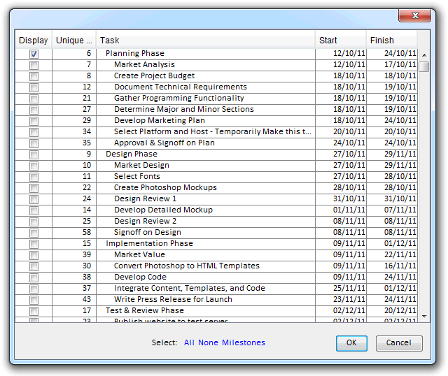 Timeline View - Select Tasks Dialog